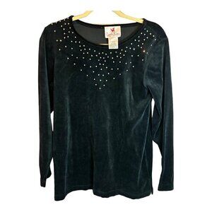 Quacker Factory Sweatshirt Women's Size Large Bedazzled‎ Velvet Velour Black